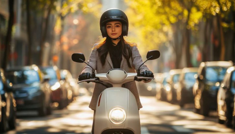 Electric scooter rider navigating eco-friendly city streets on a bright day