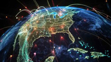 Global network connections over North America.