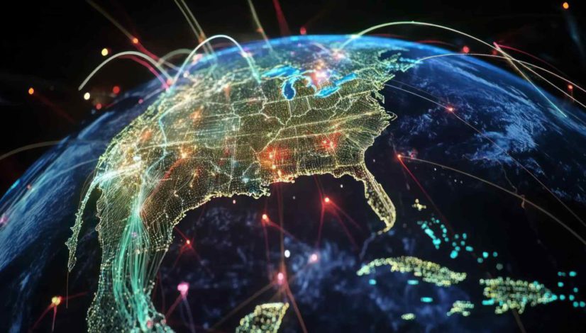 Global network connections over North America.